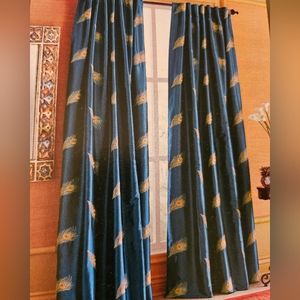 Pier 1 Peacock Curtains Teal Blue Embroidered Set of Two Panels 2pc